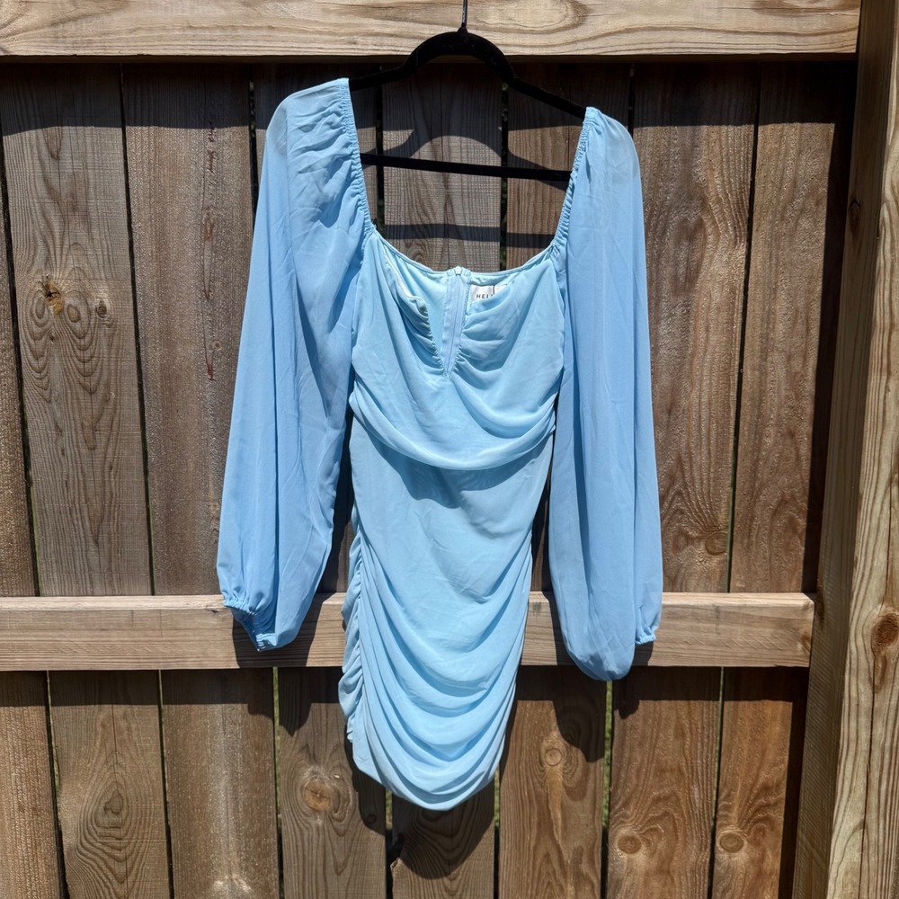 Hello Molly Blue Ruched Bodycon Mini Dress Long Balloon Sleeve Square Neck NWT L